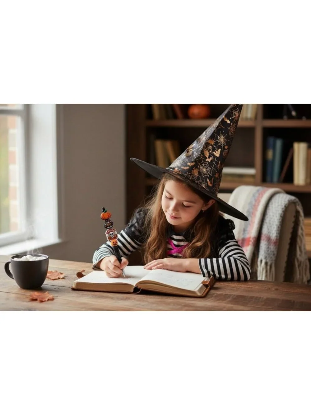 Halloween-Themed Decorative Pen With Pumpkin & Skull Toppers Black Beaded Grip F